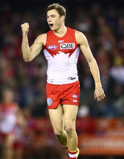 AFL 2018 Round 12 - St Kilda v Sydney MELBOURNE, AUSTRALIA - JUNE 09: Will Hayward of the Swans celebrates after kicking a goal during the 2018 AFL round 12 Pride match between the St Kilda Saints and the Sydney Swans at Etihad Stadium on June 09, 2018 in Melbourne, Australia. (Photo by Scott Barbour/AFL Media)